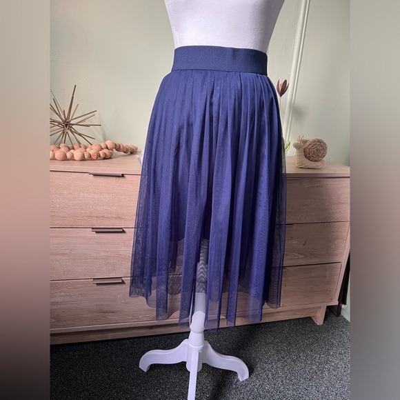 Navy Blue Modest Layered Pleated Highwaist Mesh Tutu Midi Knee-Length Skirt XS-S - Picture 2 of 16